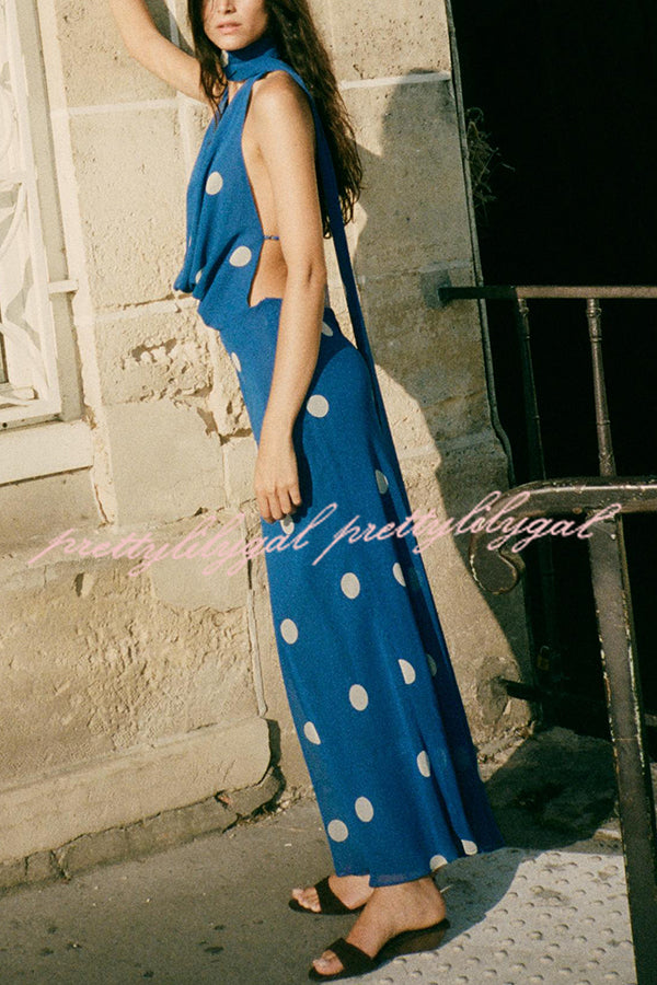 Fashion Polka Dot Print Sexy Halter Neck Backless Maxi Dress