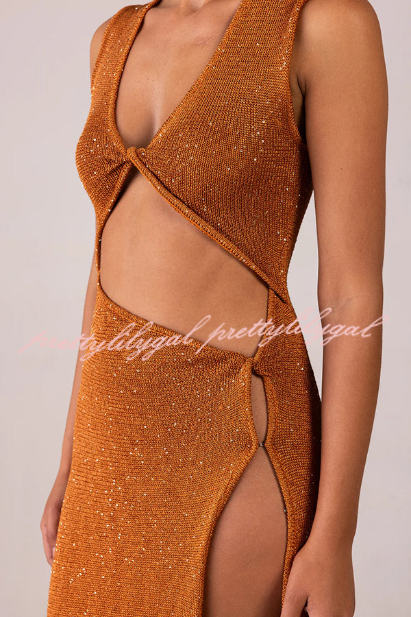 Beautiful Figure Shiny Knit Fabric Cutout Side Slit Stretch Vacation Maxi Dress