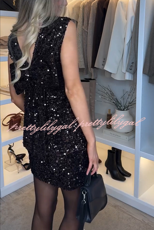 Glam Season Velvet Sequin Back Oversized Bow Design Sleeveless Loose Mini Dress