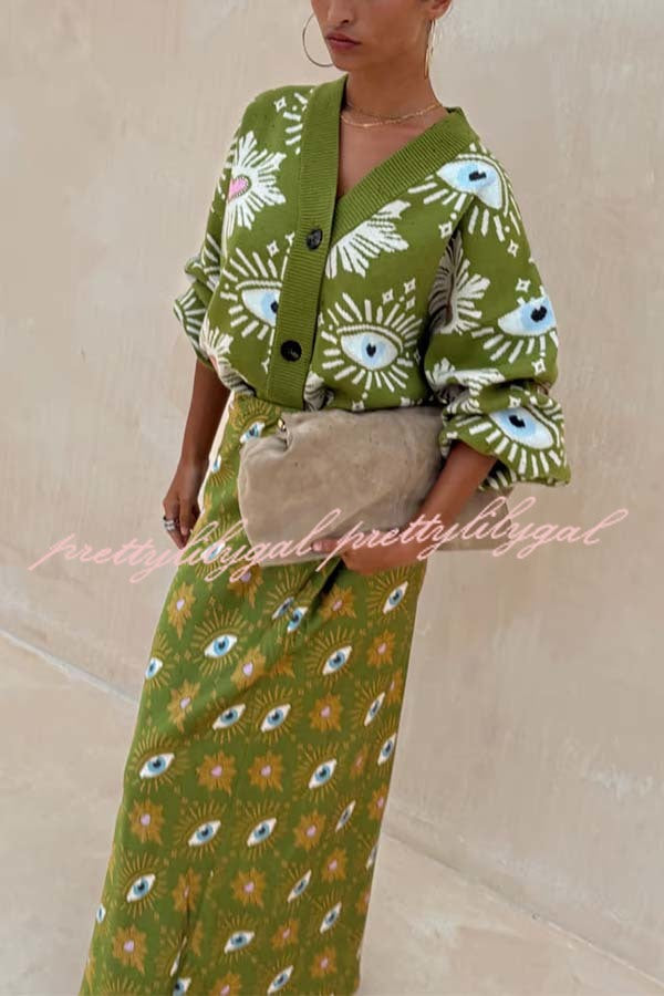 Mysterious Magic Satin Eye Heart Pattern Elastic Waist Drape Maxi Skirt