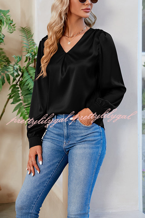 Satin Pleated V-neck Long-sleeved Loose Shirt