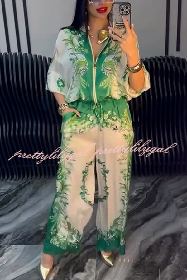 Unique Printed Casual Long-sleeved Loose Top and Elastic Waist Pocket Wide-leg Pants Set