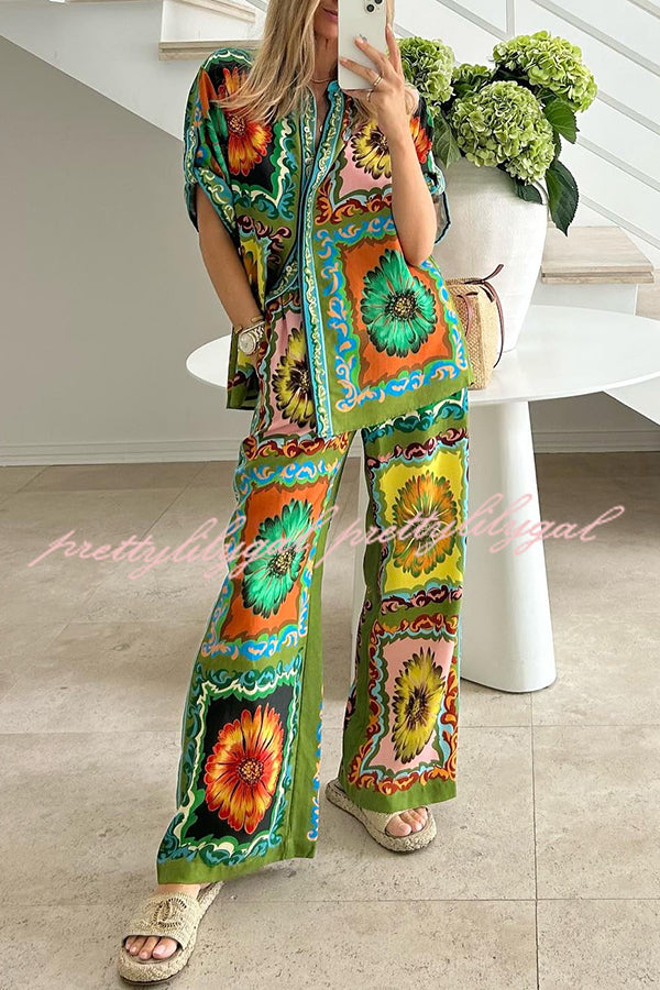 Disco Daisy Unique Printed Colorblock Elastic Waist Pocket Pants Set