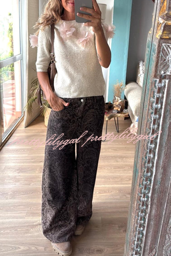 Alboran Knit Organza Flowers Detail Short Sleeve Loose Sweater