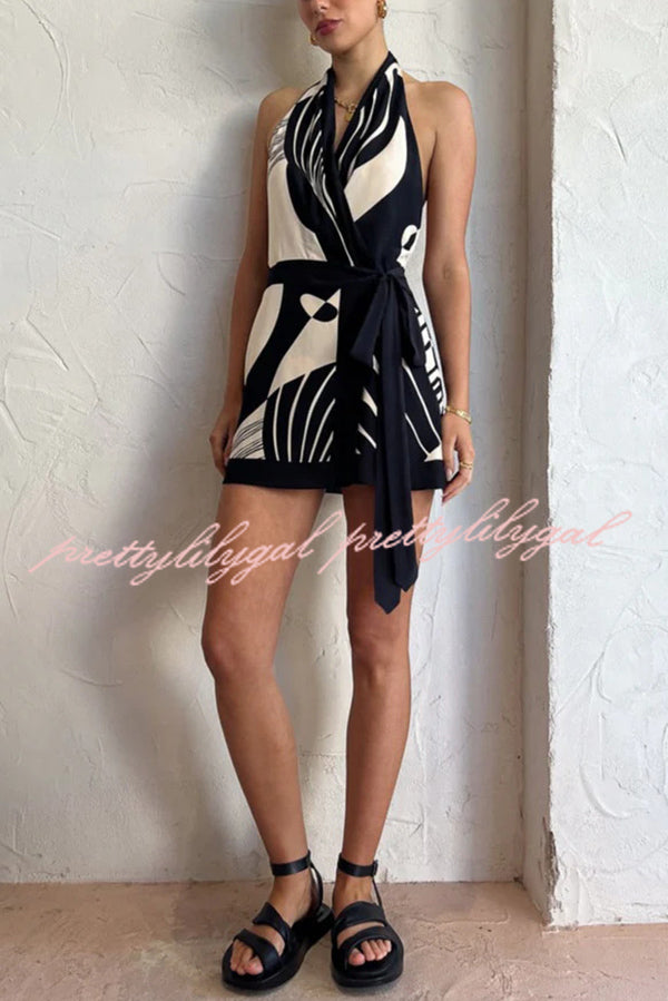 Unique Printed Open Back Waist Tie Holiday Mini Dress