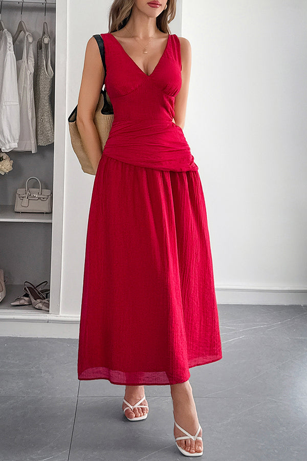 Solid Color V-neck Sleeveless Waist Hollow Out Maxi Dress