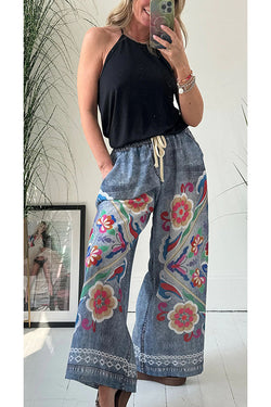 Hippie Style Unique Floral Denim Print Elastic Waist Pocketed Wide Leg Pants