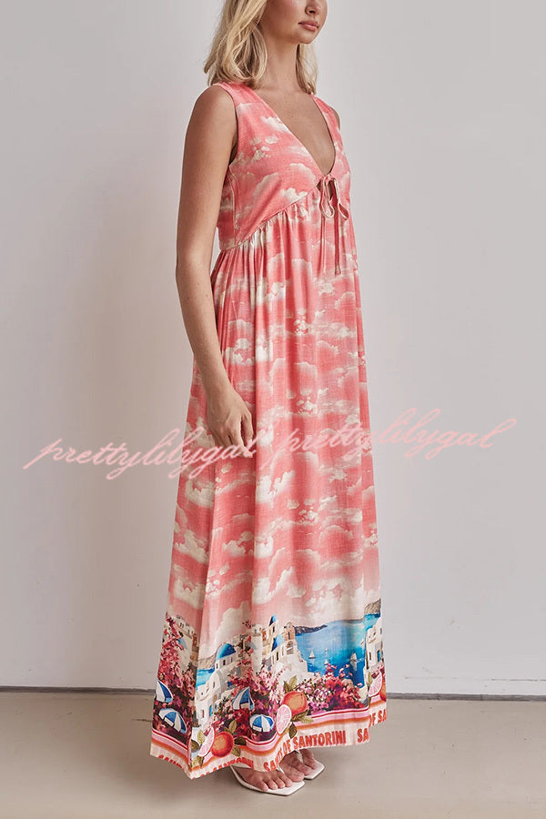 Resort Style Unique Printed Sleeveless V-neck Casual Maxi Dress