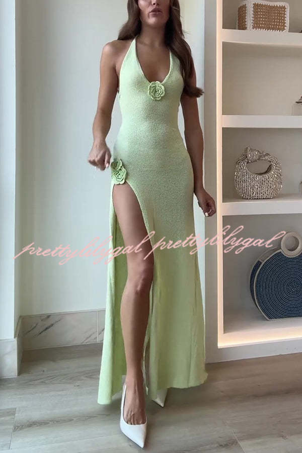 Linnie Knit Flower Pendant Halter Backless Slit Stretch Maxi Dress