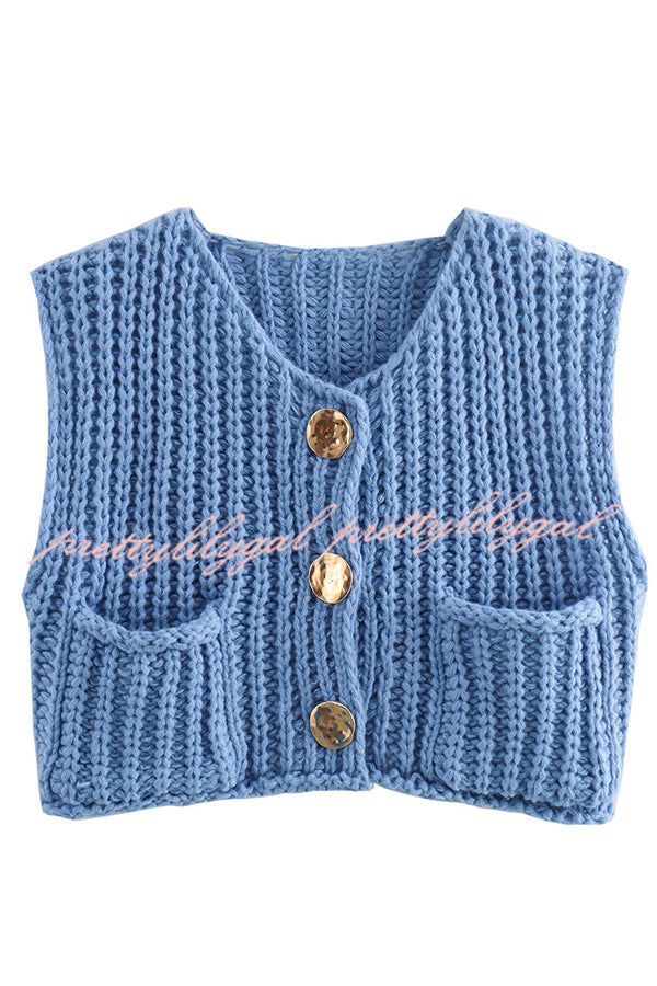 Solid Color Sleeveless Pocket Knitted Vest