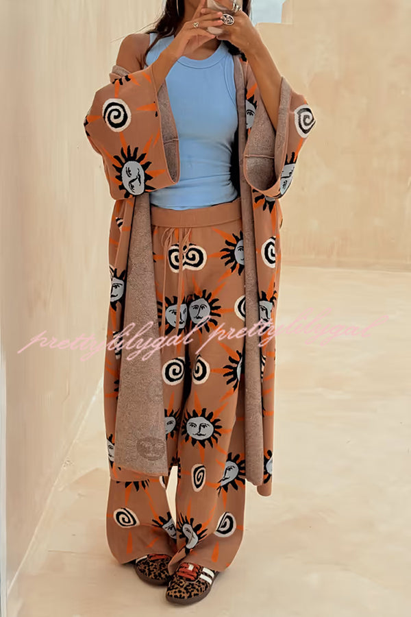 Mediterranean Art Knit Unique Sun Vortex Print Bell Sleeve Long Cardigan