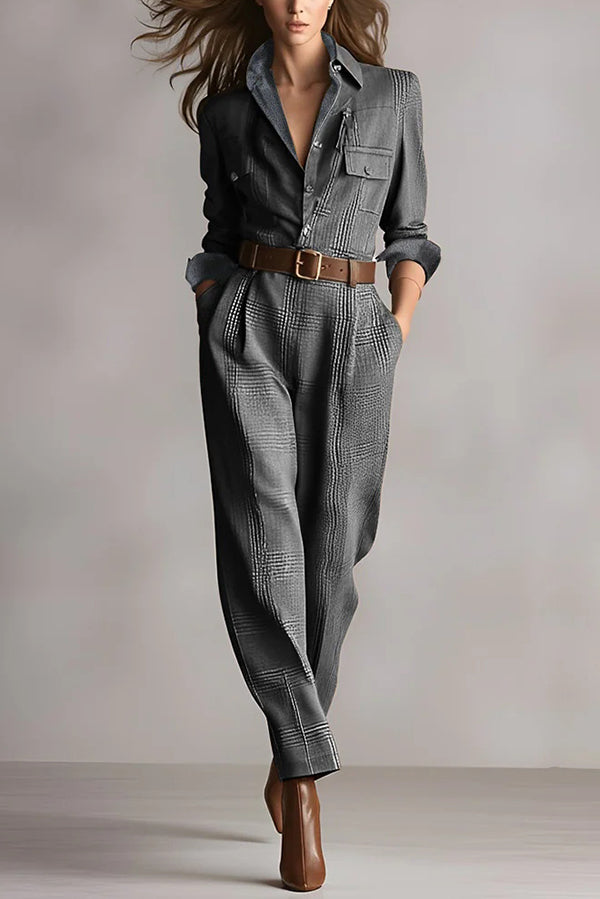 Retro Plaid Print Casual Pocket High-waisted Jumpsuit