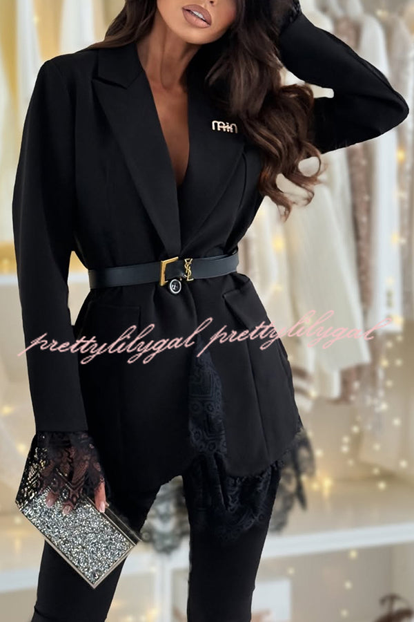 Spiced Muse Lace Trim Button Up Long Sleeve Lapel Blazer