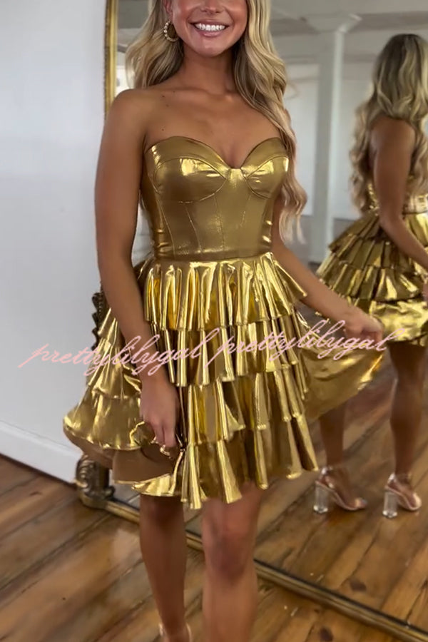 Like A Princess Metallic Fabric Off Shoulder Layered Rusffles Mini Dress