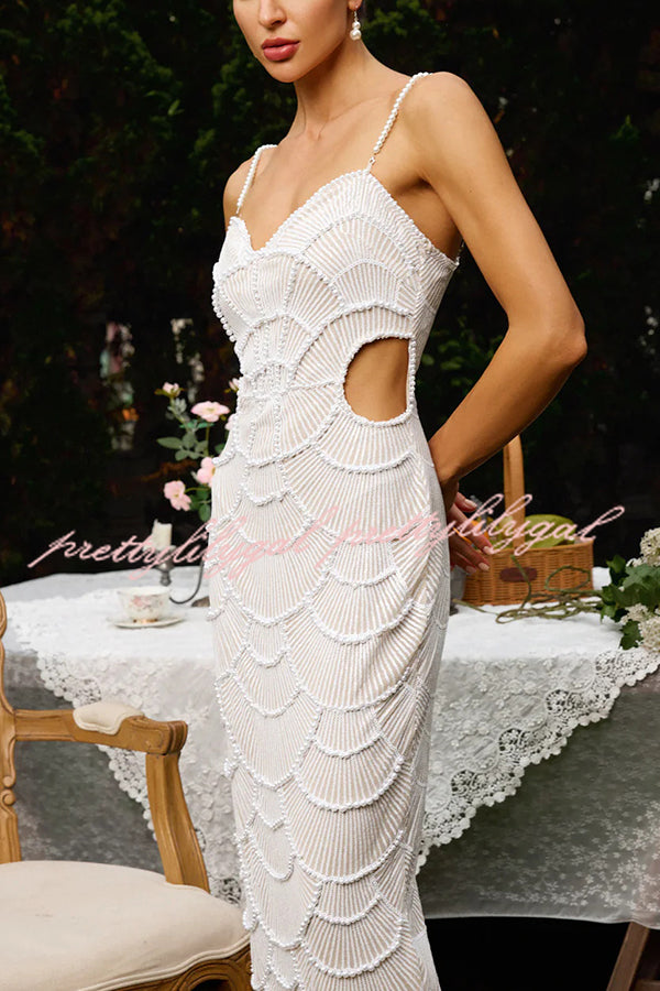 Own It Pearl Sequin Embellished Sexy Backless Cutout Strap Maxi Dress