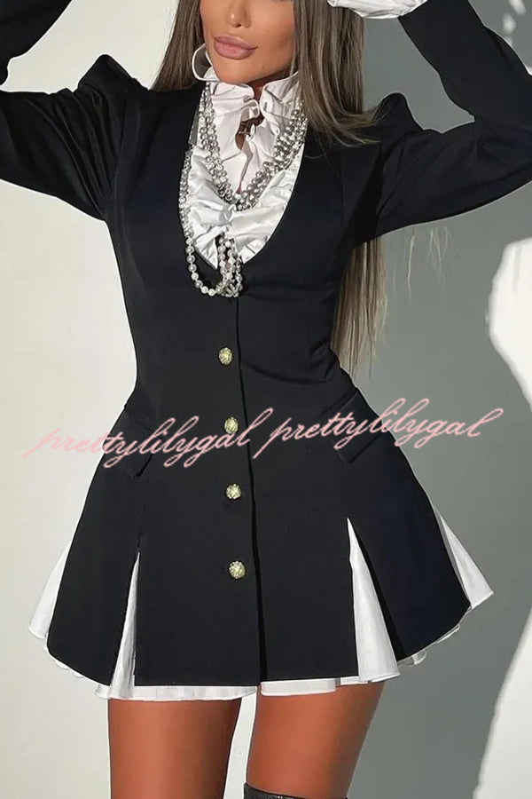 Altair Contrast Ruffled Shirt Patchwork Button Pleated Blazer Mini Dress