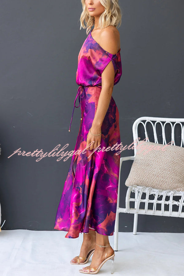 Winona Satin Floral Print One Shoulder Balloon Sleeve Tie-up Maxi Dress