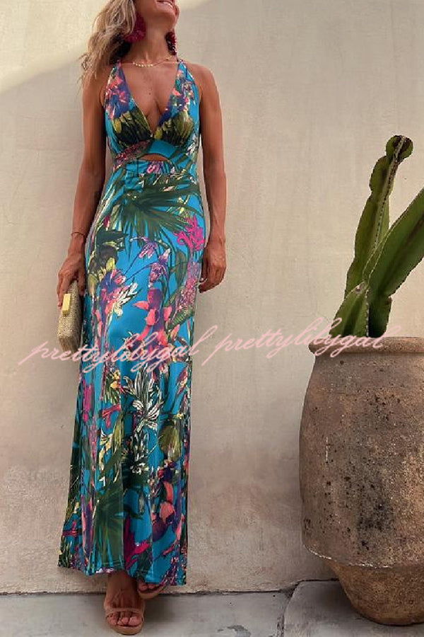 Rainforest Paradise Tropical Print Cutout Back Crossover Stretch Maxi Dress