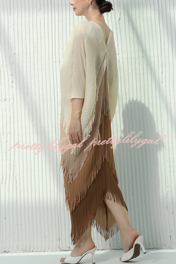 Fashionable Color-blocked Multi-layered Tassel Loose Midi Dress