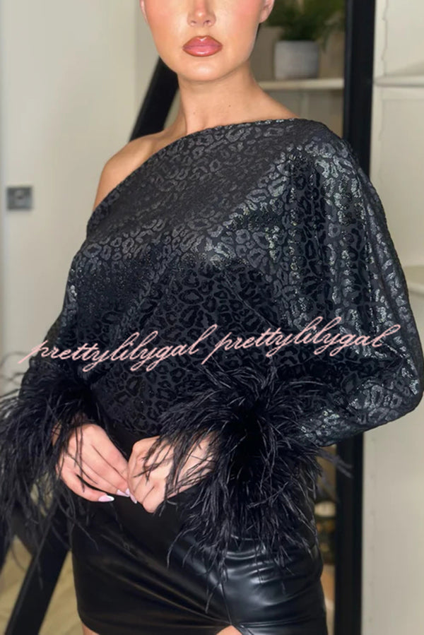 Party Holy Items Off Shoulder Feather Trim Sleeve Loose Blouse