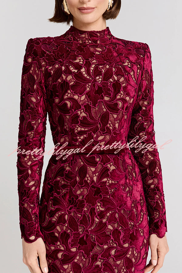 Diane Velvet Embroidered Floral Lace Long Sleeve Belt Scallop Edge Midi Dress