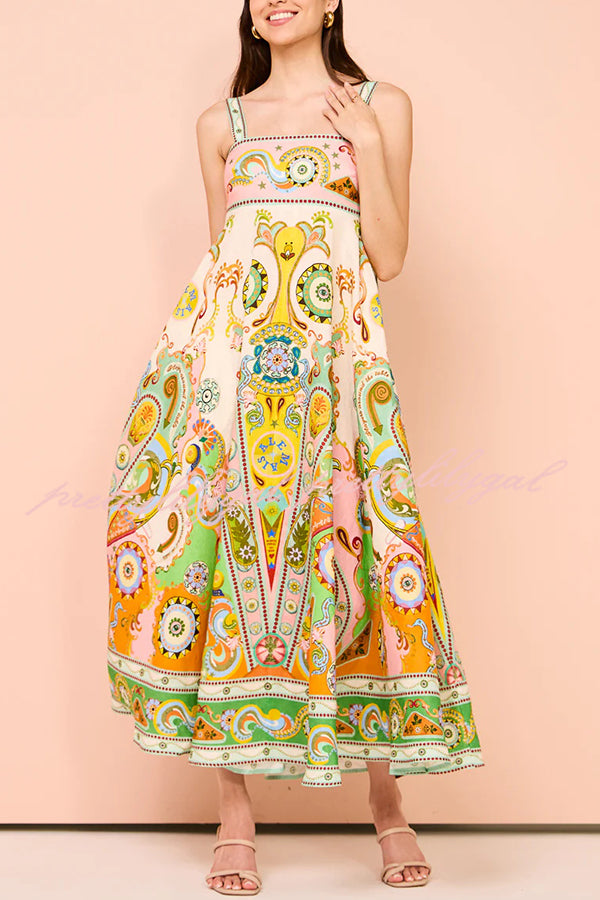 Summer Serenade Linen Blend Unique Print Tie-up Strap Smocked Pocketed Maxi Dress