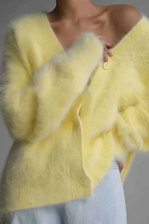 Solid Color Loose V-neck Long-sleeved Lazy Knitted Cardigan