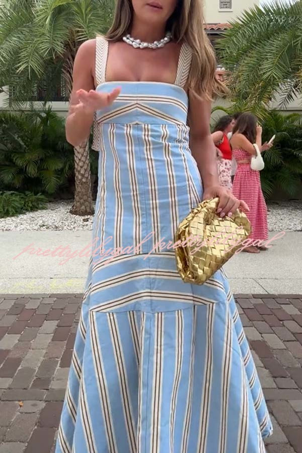 Talette Stripe Print Embroidered Wide Straps Back Cutout Maxi Dress