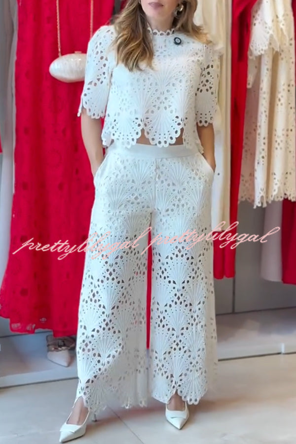 Eliose Scallop Cutout Embroidery Lace Short Sleeve Loose Top