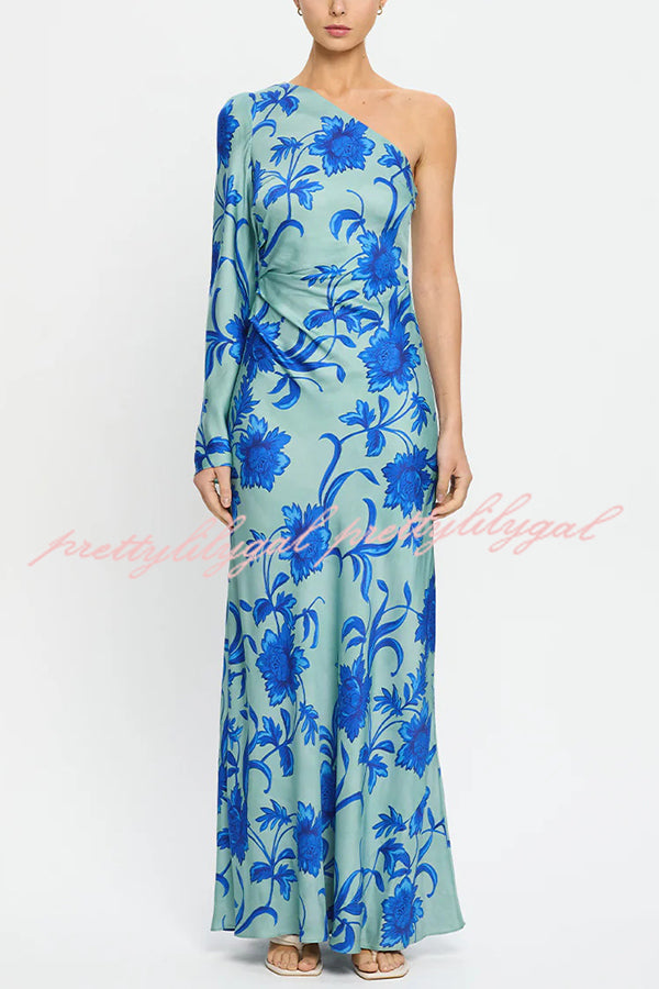 Satin Botanical Print One-Sleeve Resort Maxi Dress