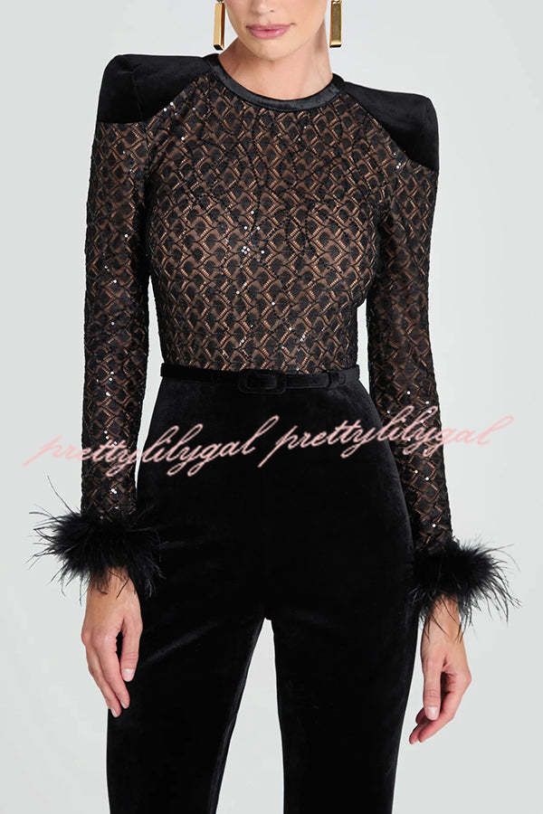 Monique Fish Scale Lace Sequin Velvet Patchwork Feather Trim Stretch Flare Jumpsuit Belted