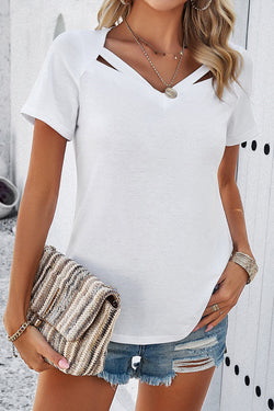 Casual Solid Color Short Sleeved V Neck Hollow T-Shirt