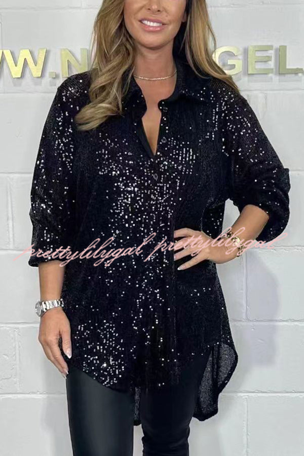 Party Season Solid Color Sequin Button Long Sleeve High Low Shirt