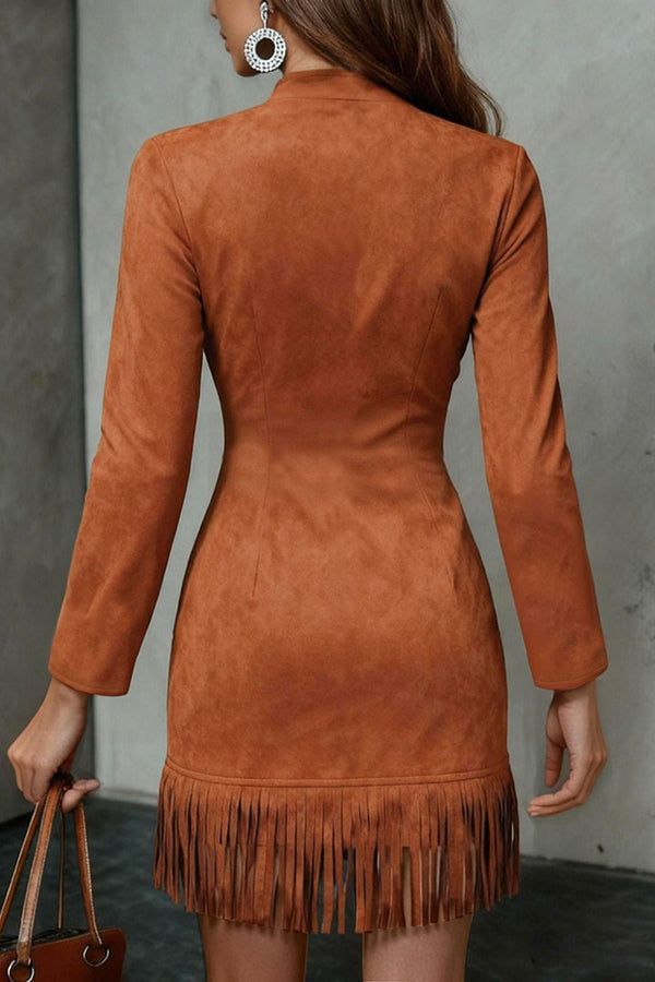 Stylish Suede Tassel Long-sleeved Slim-fit Mini Dress – prettylilygal