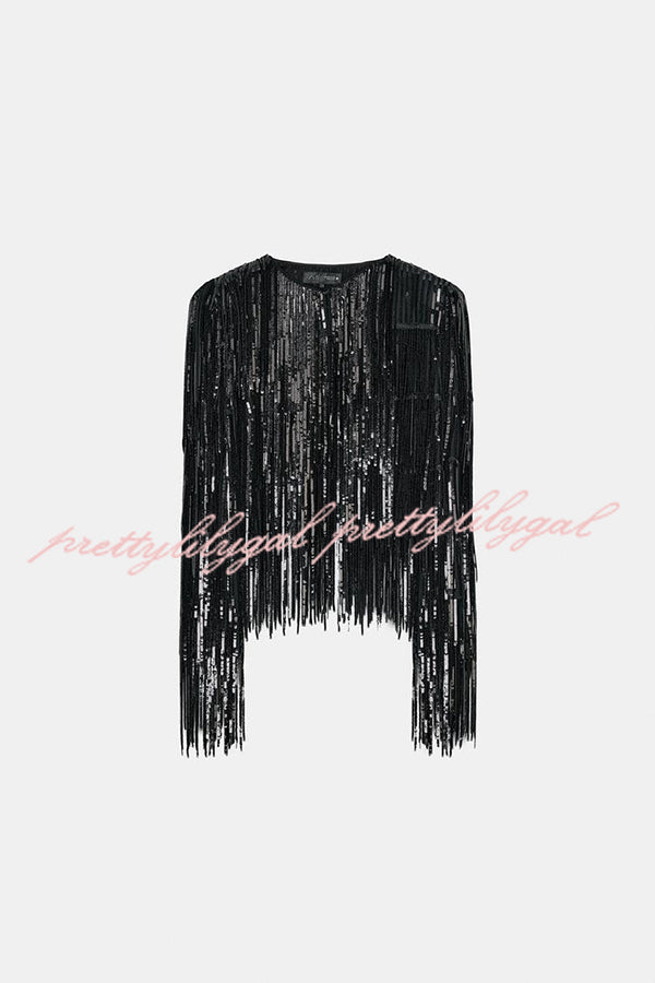 Party Crasher Layered Sequined Tassels Long Sleeve Loose Jacket