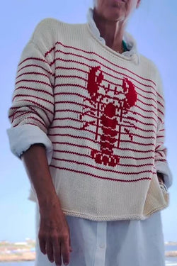 Striped Lobster Print Crew Neck Loose-fitting Knitted Sweater