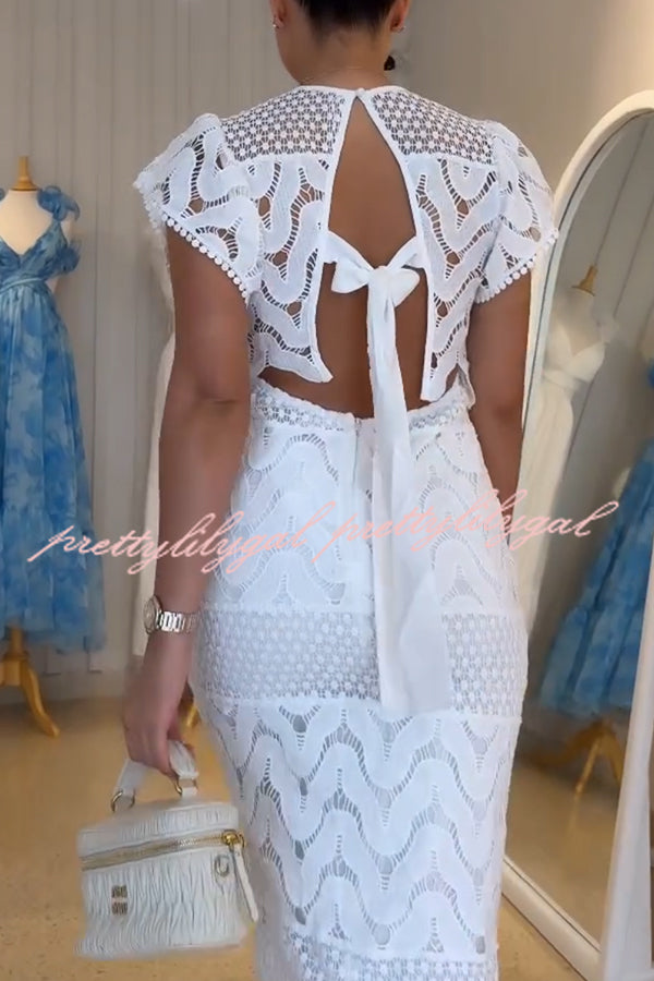 Elouise Wave Dot Embroidery Lace Back Tie-up Top and Elastic Waist Maxi Skirt Set