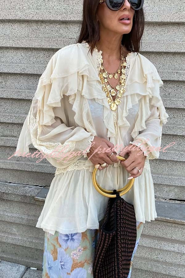 Autumn Boho Chiffon Lace Trim Ruffle Balloon Sleeve Blouse