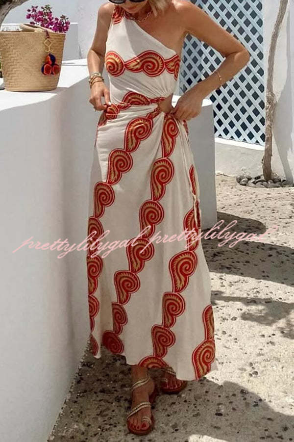 Enjoy A Sunny Linen Blend Shell Print One Shoulder Cutout Waist Tie-up Slit Maxi Dress