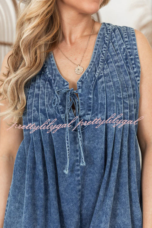 Downtown Daze Denim Pleated Tie-up Pocketed Loose Romper