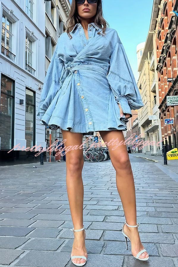 Yaron Denim Button Twisted Shape Wrap Long Balloon Sleeve Shirt Mini –  prettylilygal
