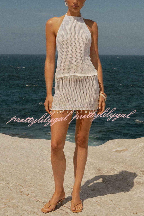 Fashion Knit Hollow Back Top and Embellished Fitted Stretch Beach Mini Skirt Set