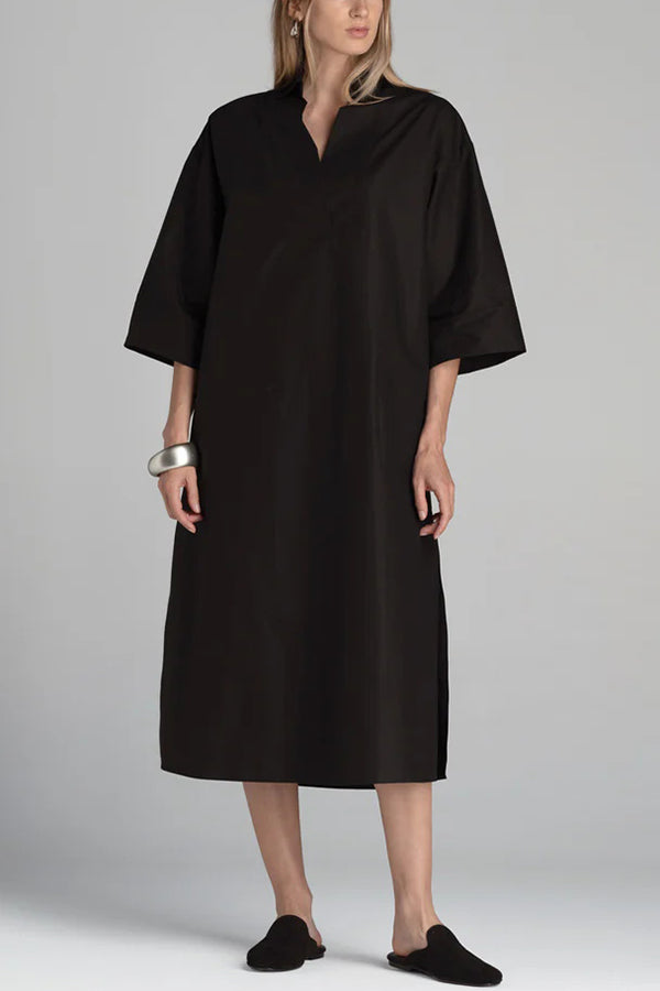 Solid Color V-neck Half-sleeve Loose Slit Midi Dress