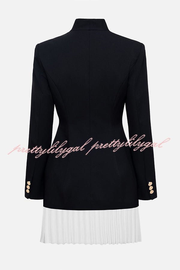 Fashionable Contrast Color Elegant Long Sleeve Pleated Suit Mini Dress