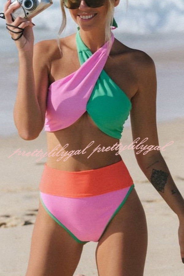 Summer Brights Ribbed Color Block Cross Halter Neck High