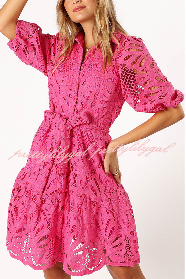 Solid Color Lace Cutout Balloon Sleeves and Waist Tie Mini Dress