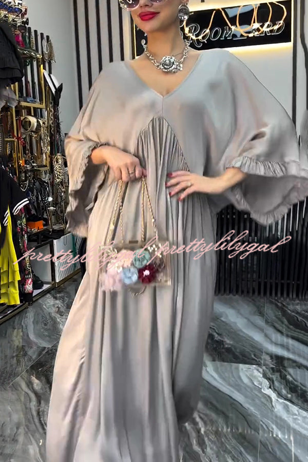 Satin Solid Color V-neck Lotus Leaf Sleeve Loose Pleated Maxi Dress