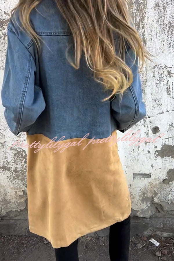 Fashion Lapel Long Sleeve Pocket Mid-length Denim Patchwork Jacket