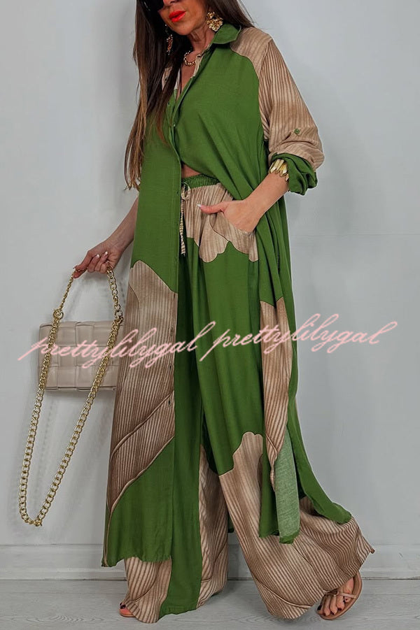 Unique Printed Casual Loose Long Shirt and Elastic Waist Pocket Wide Leg Pants Set