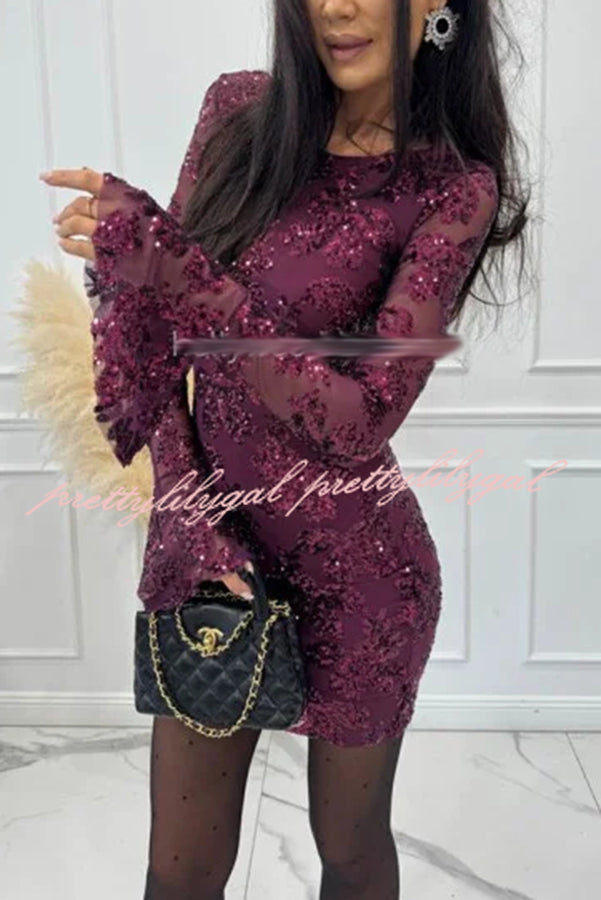 Deep and Dazzling Floral Texture Sequin Long Bell Sleeve Open Back Mini Dress